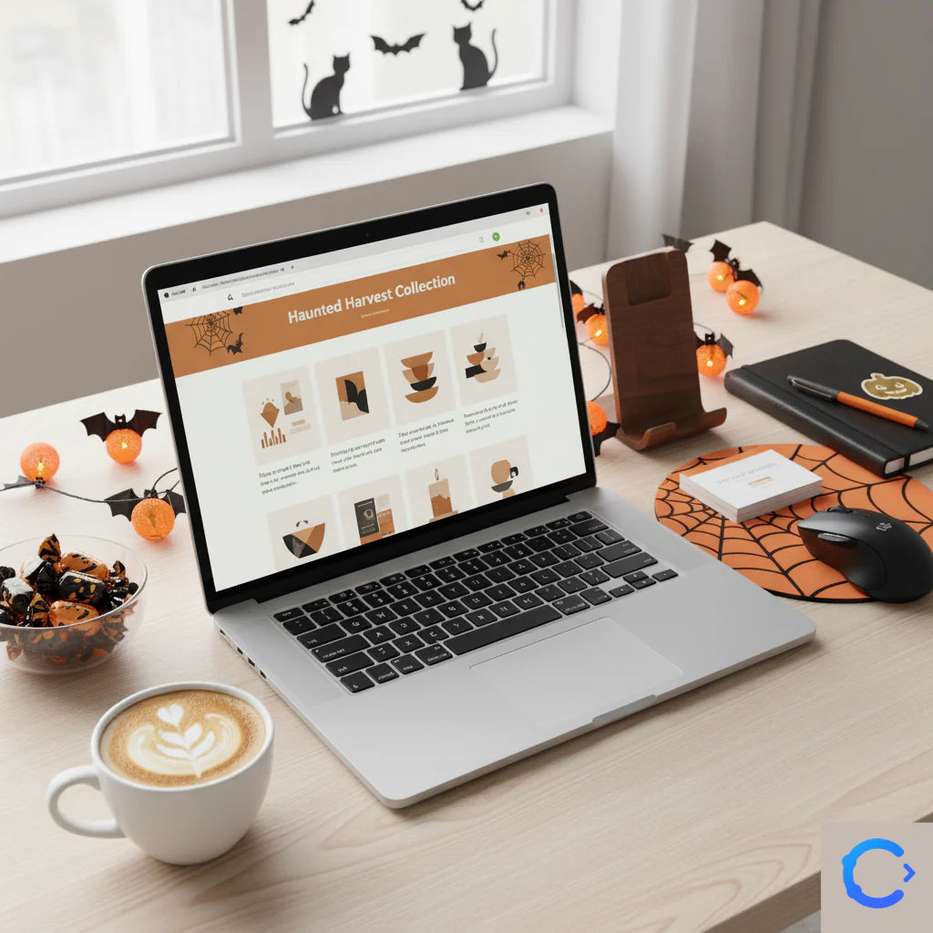 Laptop con una tienda Shopify decorada sutilmente para Halloween, con elementos como una calabaza minimalista y suministros de oficina, mostrando un ambiente profesional y festivo.