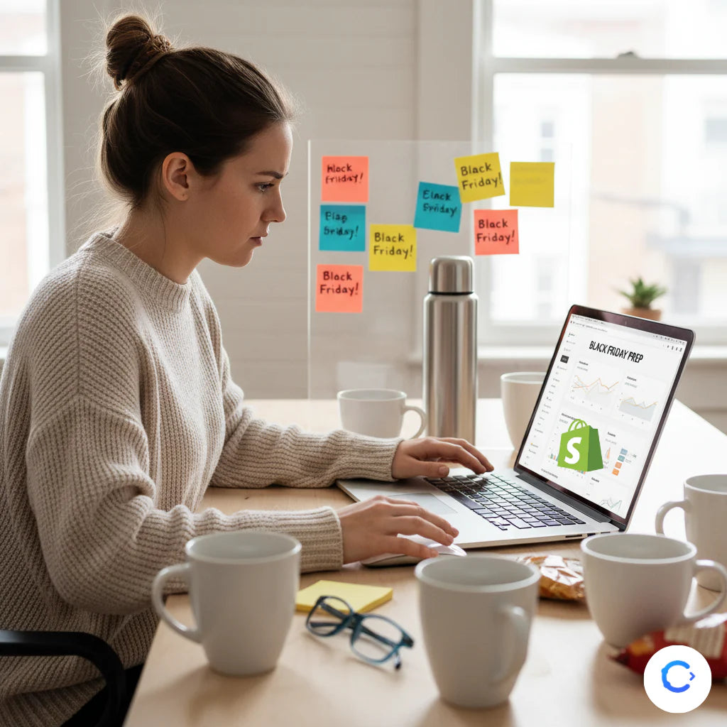 Dueña de una tienda online aplicando una guía de último minuto en su laptop para preparar su Shopify para las ventas de Black Friday.