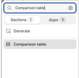 Section picker showing the Comparison table option