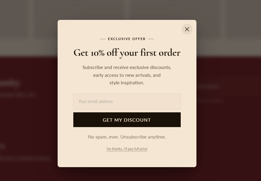 Email Popup preview showing eyebrow label, heading, subheading, email input field, subscribe button, privacy note, and skip link — optionally split with an image on the left