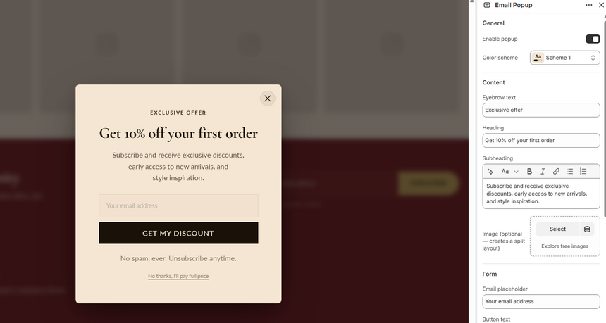 Right sidebar opened to the Email popup settings, showing the Enable toggle, color scheme picker and content fields
