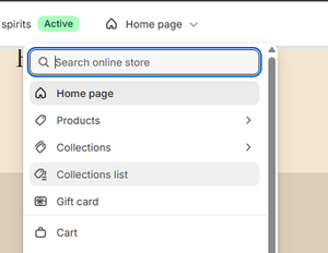 Theme editor top page dropdown with the Collections list template highlighted