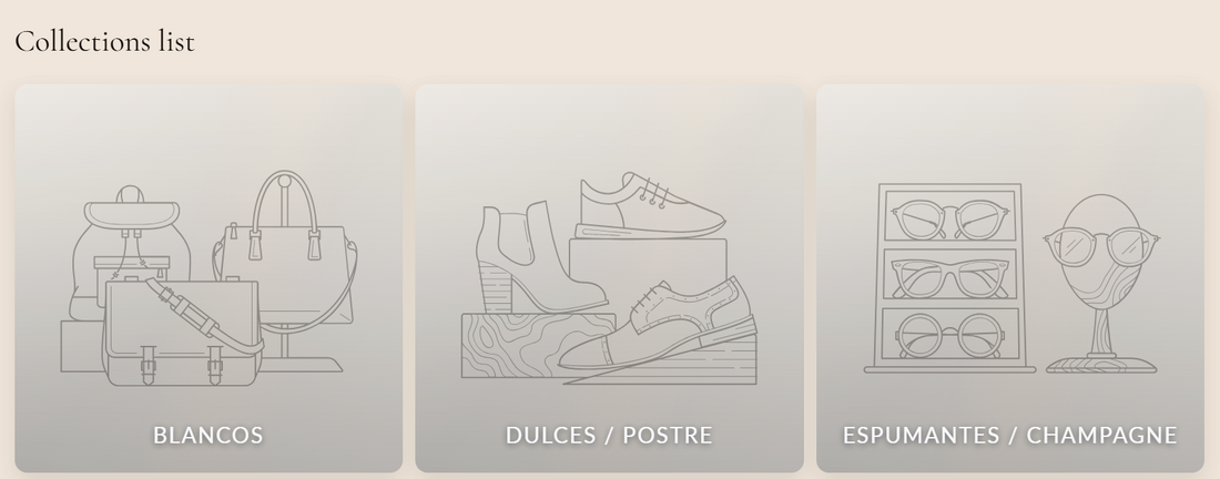 Collections grid preview showing a 3-column grid of collection cards with images, gradient overlay at the bottom containing the collection title, and SALE badges on selected cards
