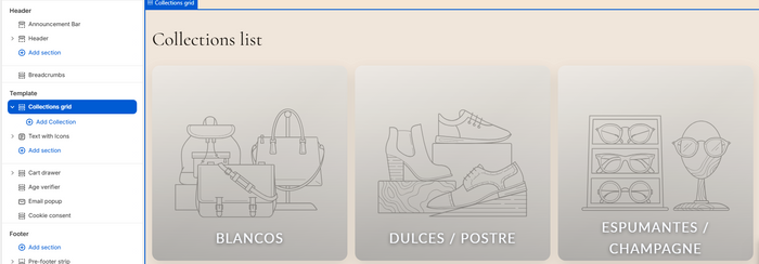Left sidebar of the Collections list template showing the Collections grid section selected