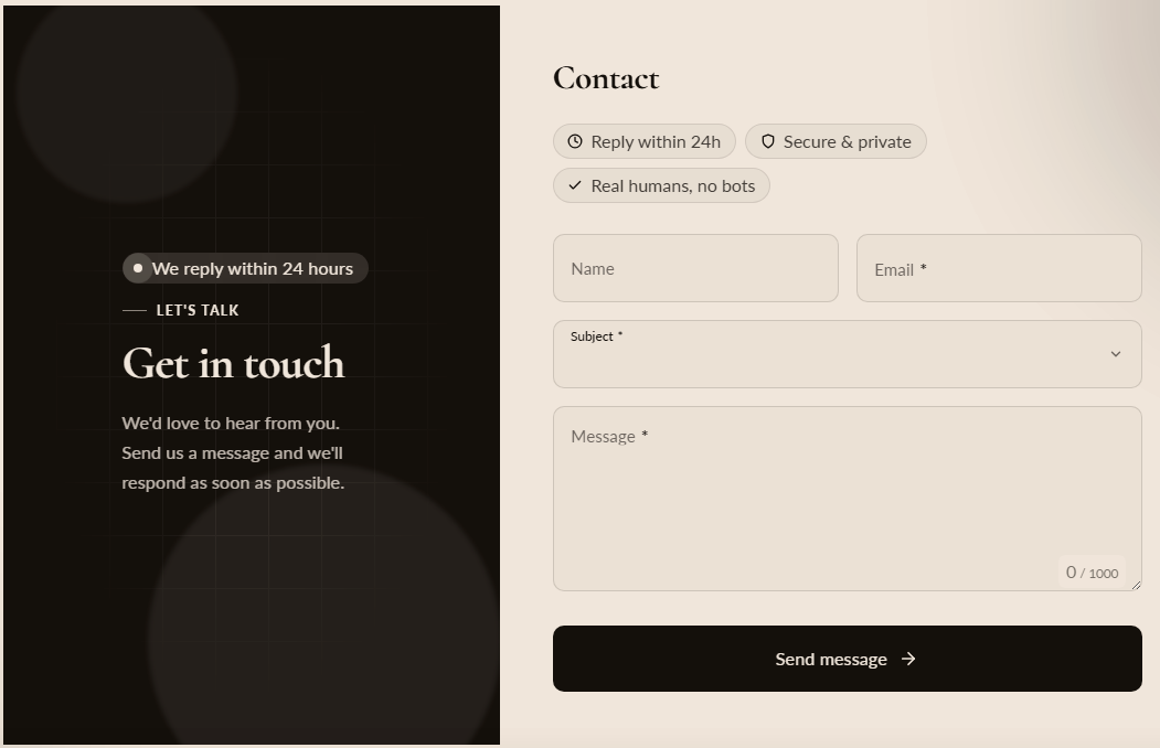 Contact Form preview in Split layout — editorial info panel on the left with eyebrow, heading, availability chip, contact details, socials and map; form on the right with name, email, phone, subject dropdown, message textarea with counter, consent checkbox and Submit button