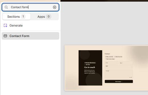 Section picker showing the Contact Form option