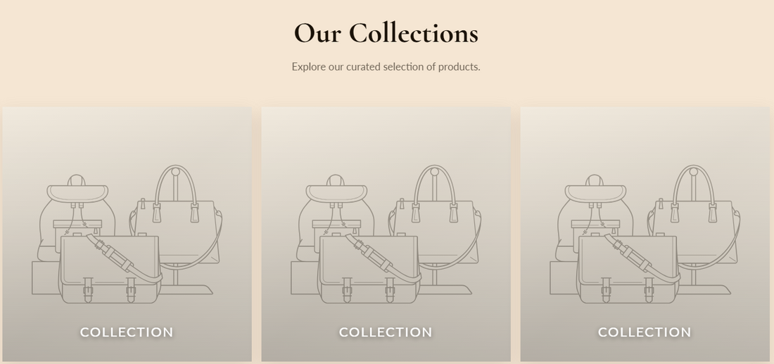 Collection List preview showing a 4-column grid of collection cards with title overlay, hover Shop Now state, product count pills, and SALE badges