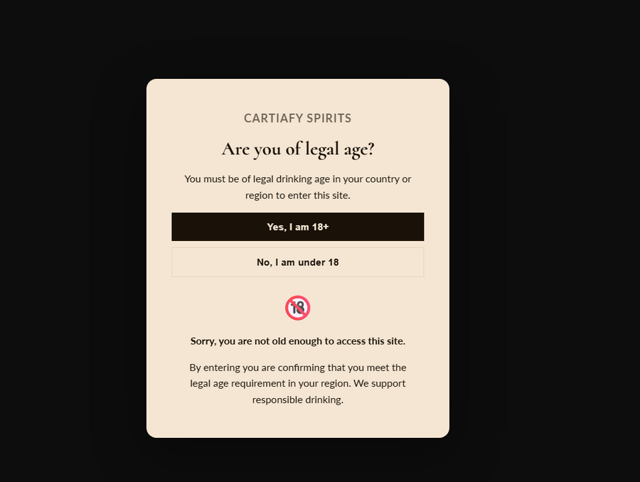 Age Verifier overlay preview showing a centered glassmorphism card with optional logo, badge, heading, subheading, Yes/No buttons (or DOB input fields), legal text at the bottom, and a blurred background image