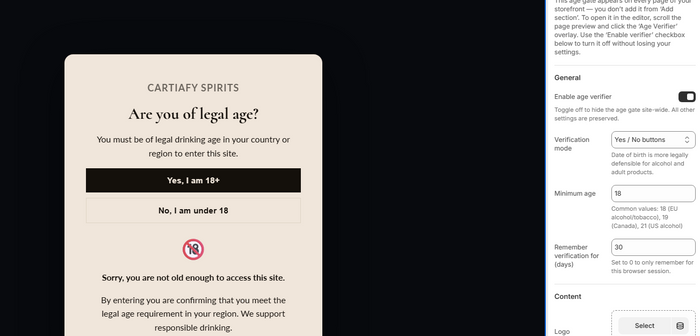 Theme editor preview area with the floating Age Verifier badge visible over the page content
