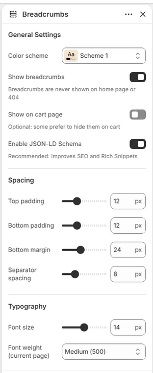 Right sidebar opened to Breadcrumbs settings — color scheme, toggles, spacing and typography