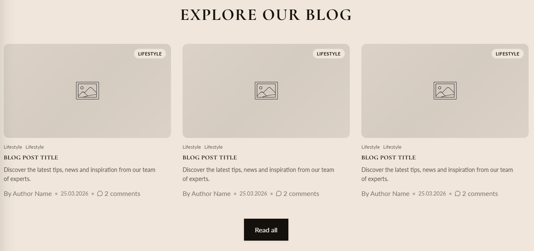 Featured Blog section preview showing a centered heading and a grid of three blog post cards, each with featured image, tag badge, title, excerpt, author, date, and comment count