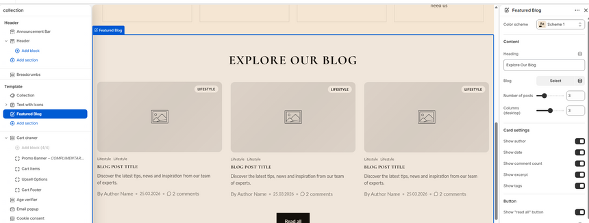 Section picker showing the Featured Blog option
