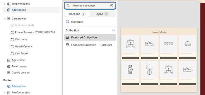 Theme editor left sidebar showing the Add section button