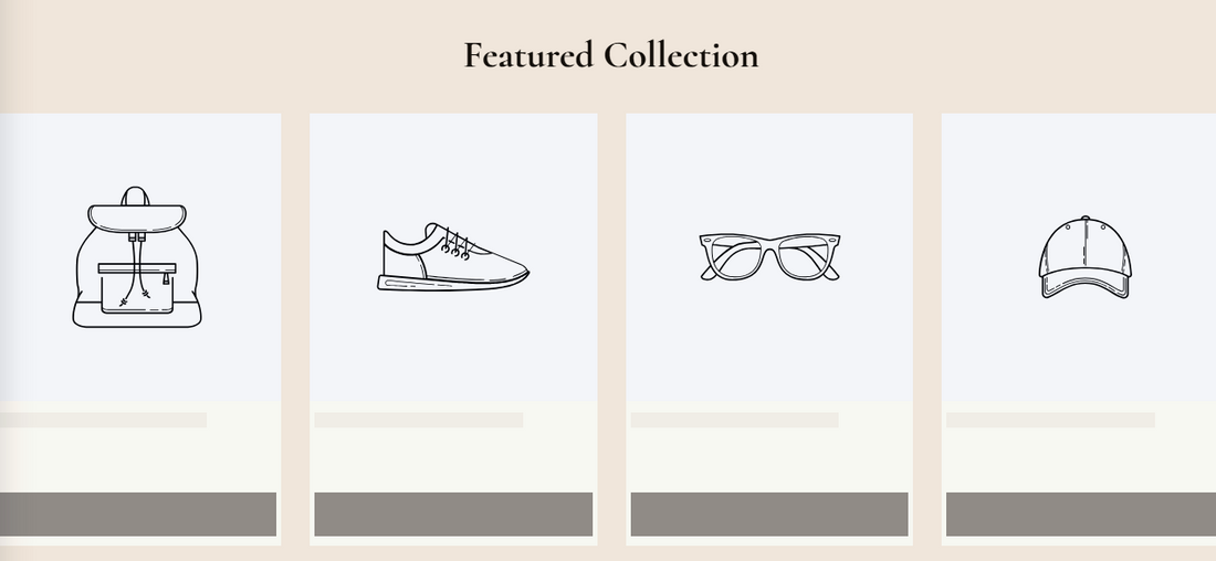 Featured Collection section preview showing an eyebrow label, heading, three tabs (Bestsellers, New Arrivals, Sale), and a 4-column grid of product cards with discount badges