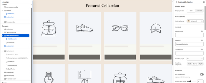 Section picker showing the Featured Collection option