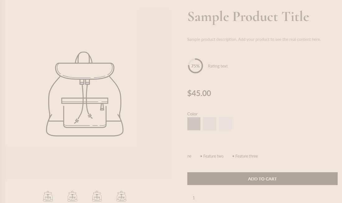 Featured Product section preview showing product gallery with main image and thumbnails on the left, and product title, rating, price, variant swatches, and Add to Cart button on the right