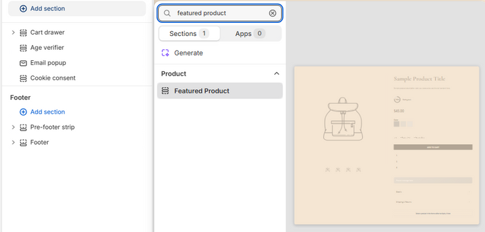 Theme editor left sidebar showing the Add section button