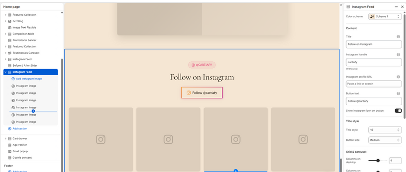 Instagram Feed section preview showing a centered title with the @handle eyebrow badge, a Follow button, and a row of four square Instagram-style images with hover overlay