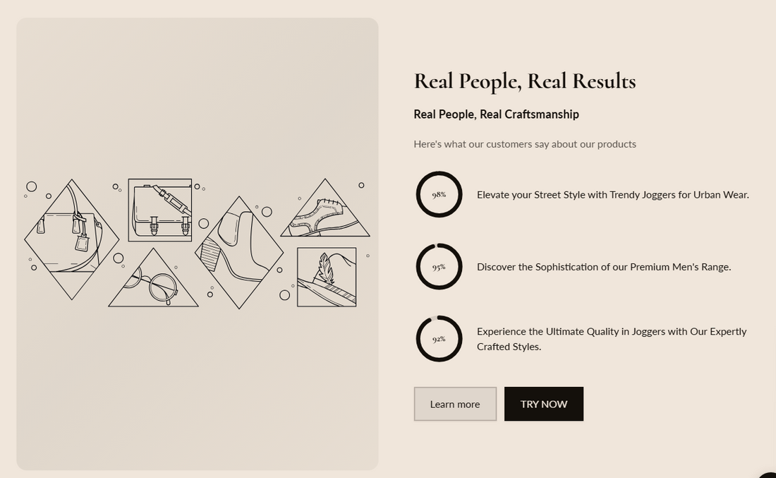 Results section preview showing a portrait lifestyle image on the left and a content column on the right with a heading, subheading, description, three animated stat rings, and two action buttons