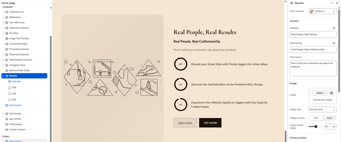 Section picker showing the Results option