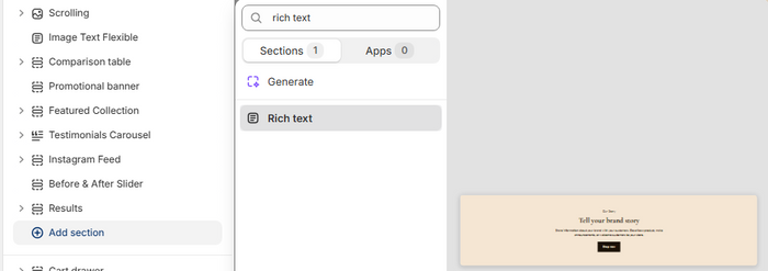 Theme editor left sidebar showing the Add section button