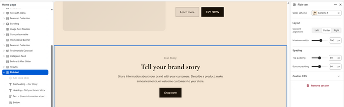 Section picker showing the Rich text option