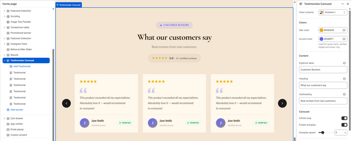 Section picker showing the Testimonials Carousel option
