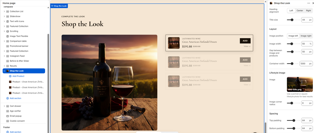 Shop the Look section preview showing a lifestyle image on the left with two animated hotspot dots, and three product cards stacked on the right with images, titles, prices, and Add to cart buttons