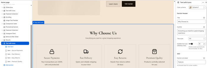 Newly added Text with Icons section visible in the theme editor preview