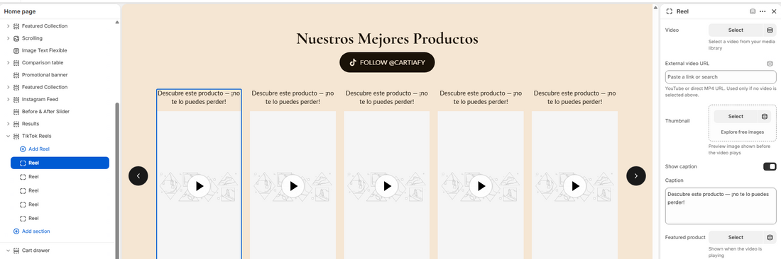 TikTok Reels section preview showing a heading, a Follow button, and a horizontal carousel of five vertical 9:16 video reels with captions