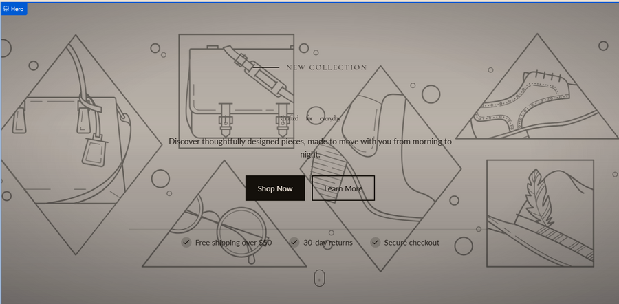 Hero section preview showing a background image with eyebrow label, large heading, description, two CTA buttons and a row of feature pills at the bottom