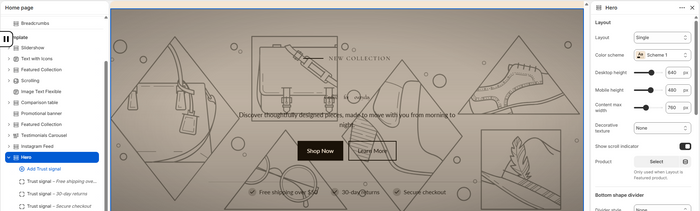 Section picker showing the Hero option