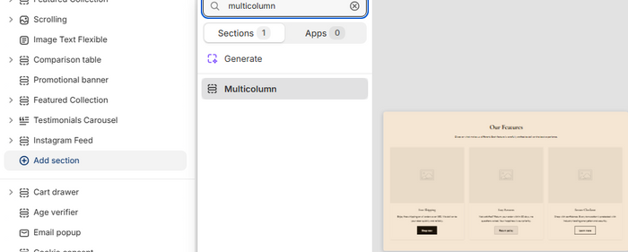 Theme editor left sidebar showing the Add section button