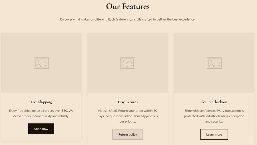 Multicolumn section preview showing three feature cards in a row, each with an image, bold title, short description, and a CTA button