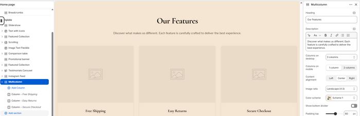 Newly added Multicolumn section visible in the theme editor preview