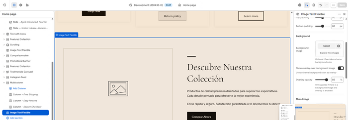 Section picker showing the Image Text Flexible option