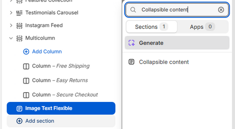 Theme editor left sidebar showing the Add section button