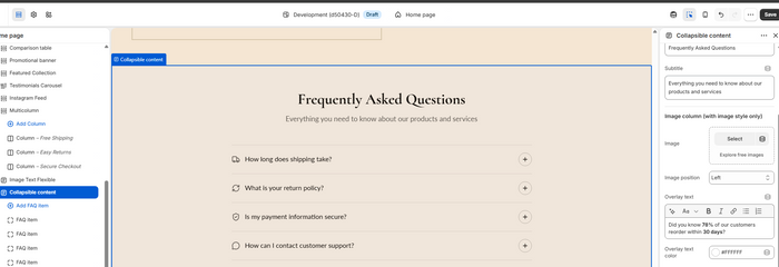 Section picker showing the Collapsible content option