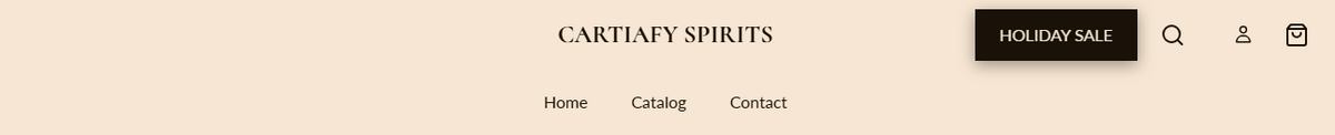 Header preview showing the store logo centered, navigation menu links on top, search account and cart icons on the right, and a promotional pill button
