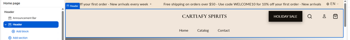 Theme editor left sidebar showing the Header section selected at the top of the section list