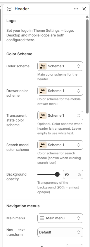 Right sidebar showing the Header settings panel with grouped categories
