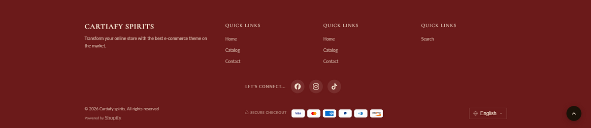 Footer preview showing brand column with logo and contact, three menu columns with links, social icons, payment icons row, copyright text, and language/currency selectors