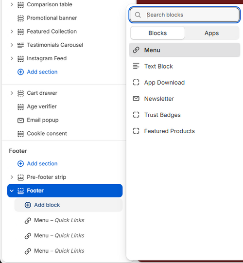 Theme editor left sidebar showing the Footer section selected at the bottom of the section list