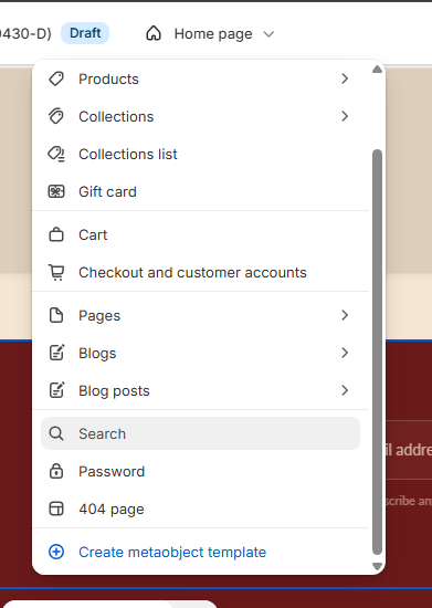 Theme editor page selector dropdown showing the Search results template option highlighted