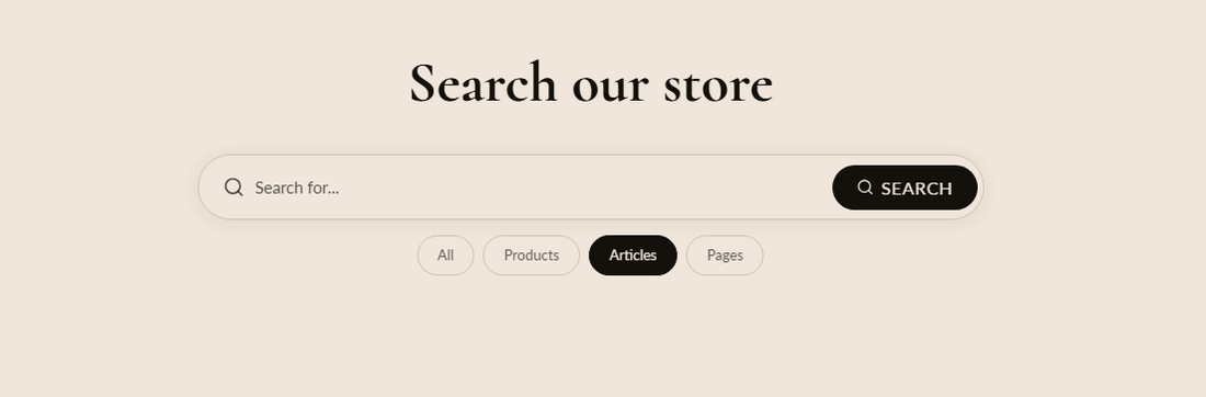 Search results page preview showing the search heading, search input field with submit button, filter tabs for All/Products/Articles/Pages, and a grid of result cards below