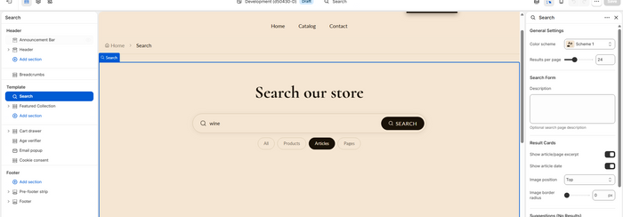 Theme editor showing the Search section selected in the left sidebar with its settings open in the right sidebar