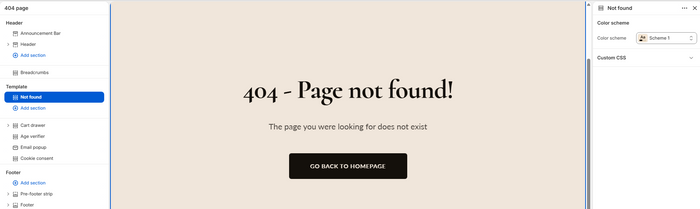Theme editor showing the 404 section selected with its settings open