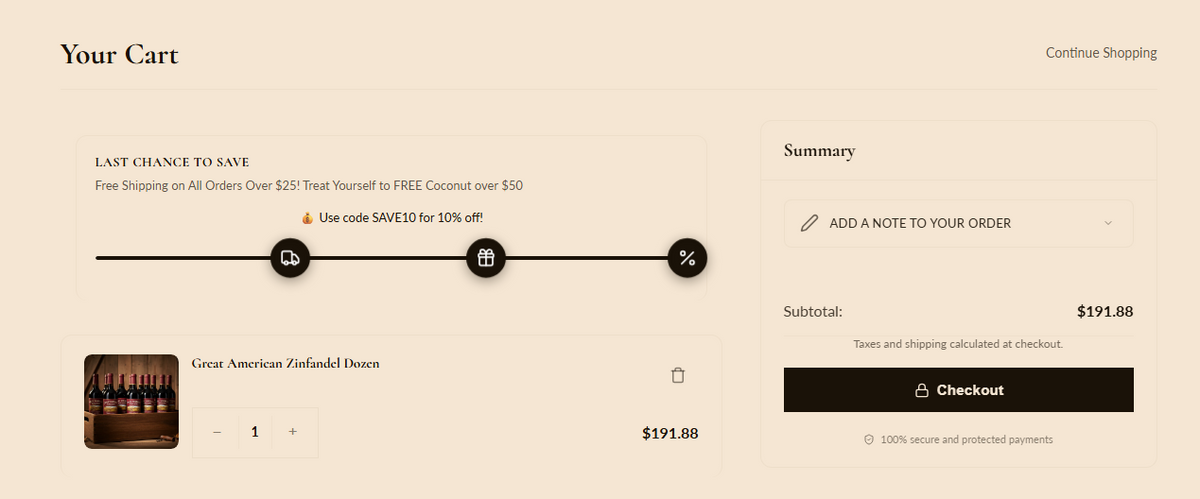 Cart page preview showing cart items list on the left, milestone progress bar at the top, recommended products carousel, gift wrap toggle, order note, and order summary panel with payment icons and Checkout button on the right