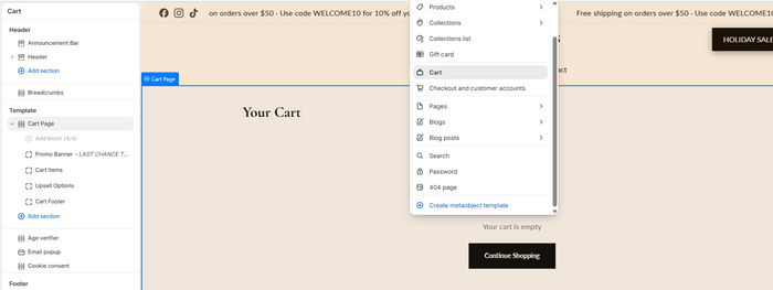 Theme editor showing the Cart Page section selected with its settings open