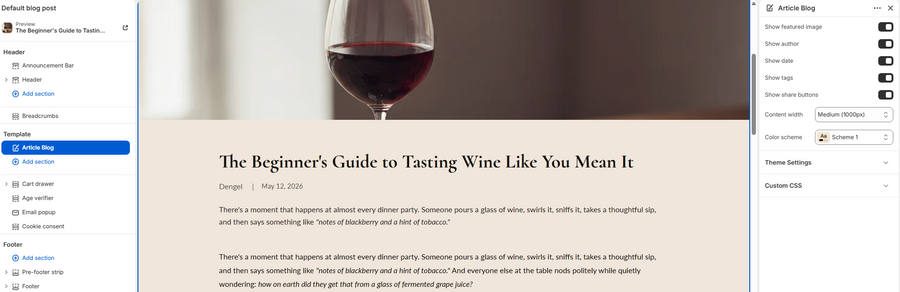 Article page preview showing featured image at the top, article title, author and date, body content, tags row, and social share buttons